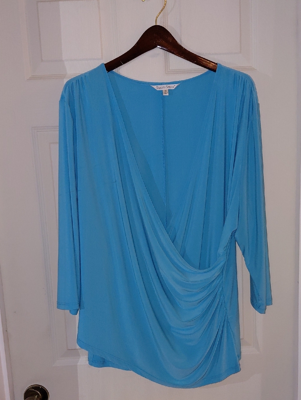 EUC Travelsmith Faux Wrap Blue Blouse, 2X, Long Sleeve, "No Wrinkle" Collection